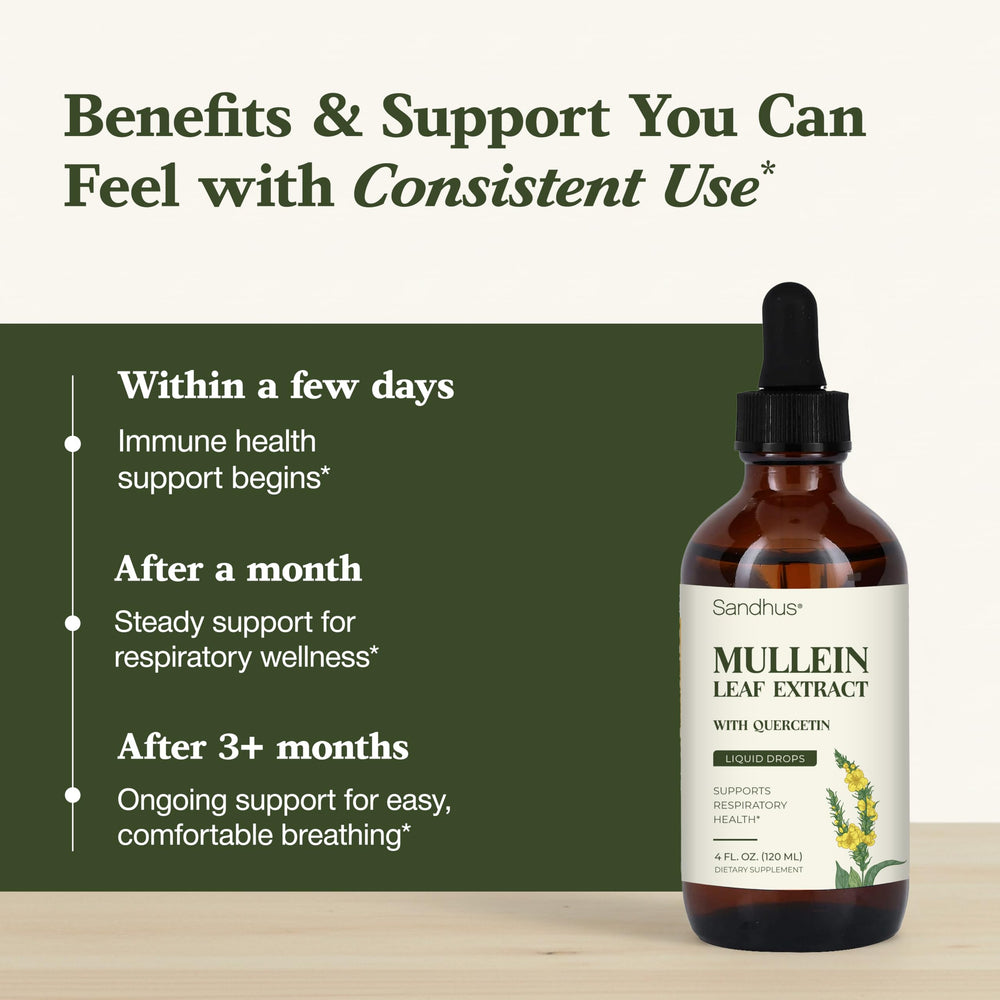 Sandhu's Mullein Drops with quercetin blend supports a natural herbal routine.