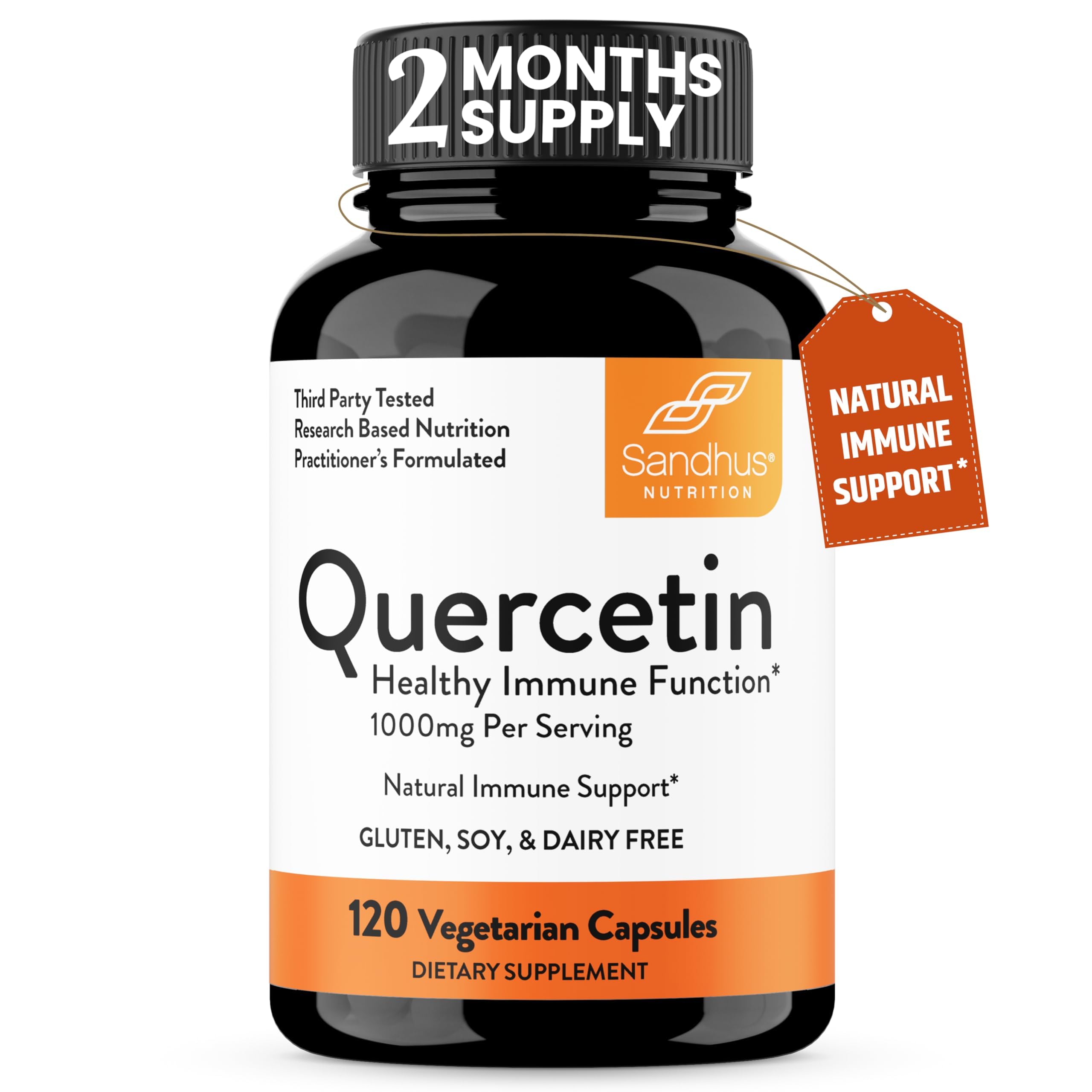 Sandhu's Quercetin 500mg bottle pour showcases premium packaging for daily use.