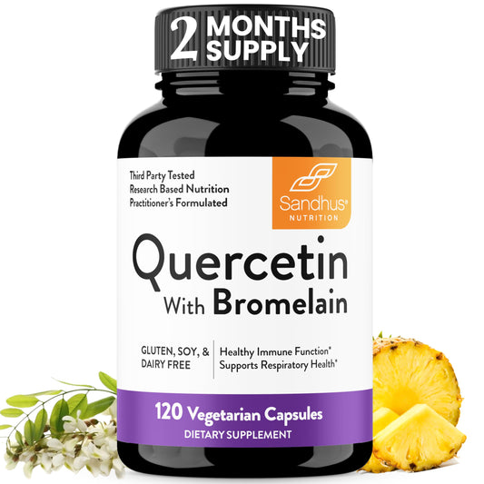 Sandhu's Quercetin with Bromelain bottle front label highlighting immune support potential.