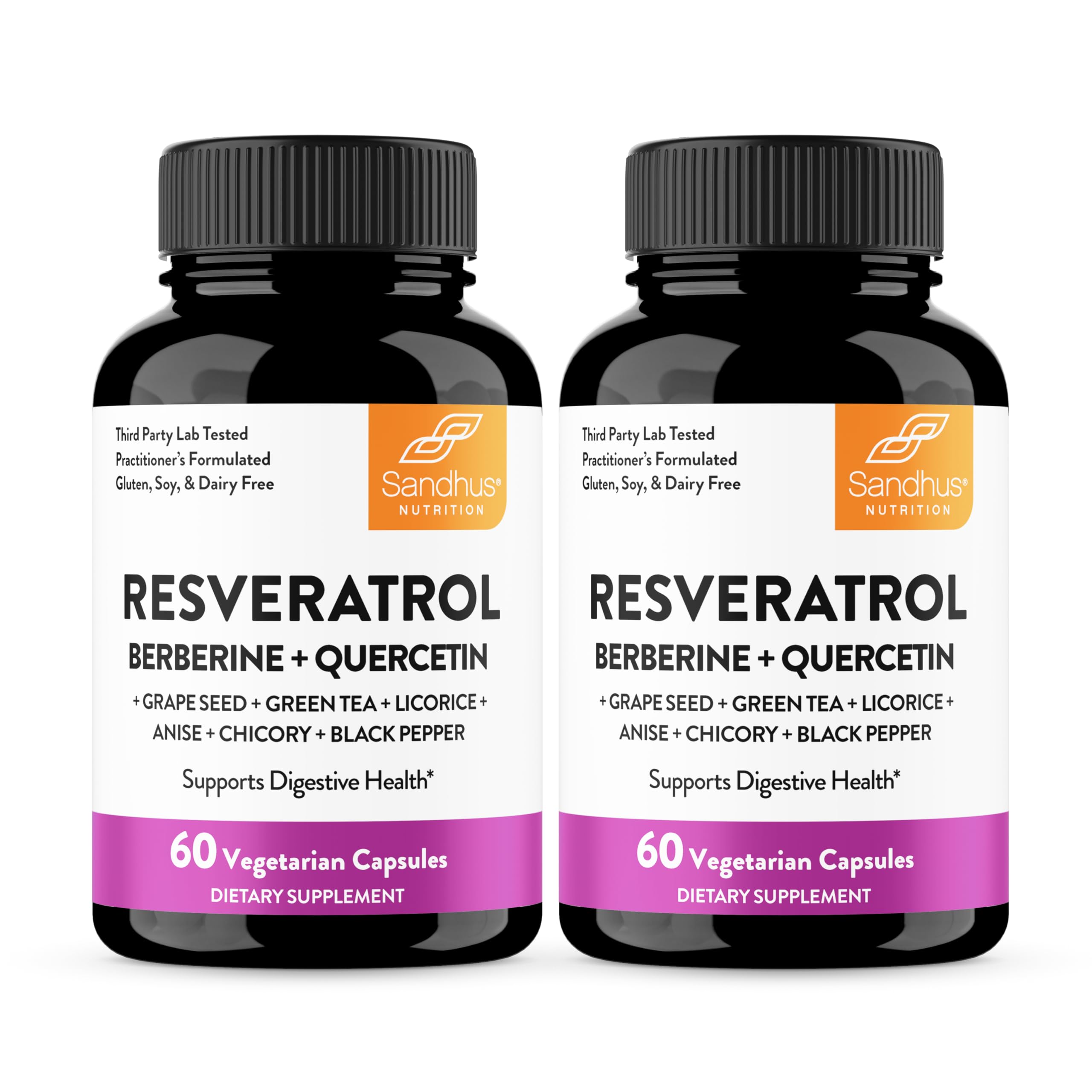 Sandhu's Resveratrol-Berberine bottle for easy daily gut health support.