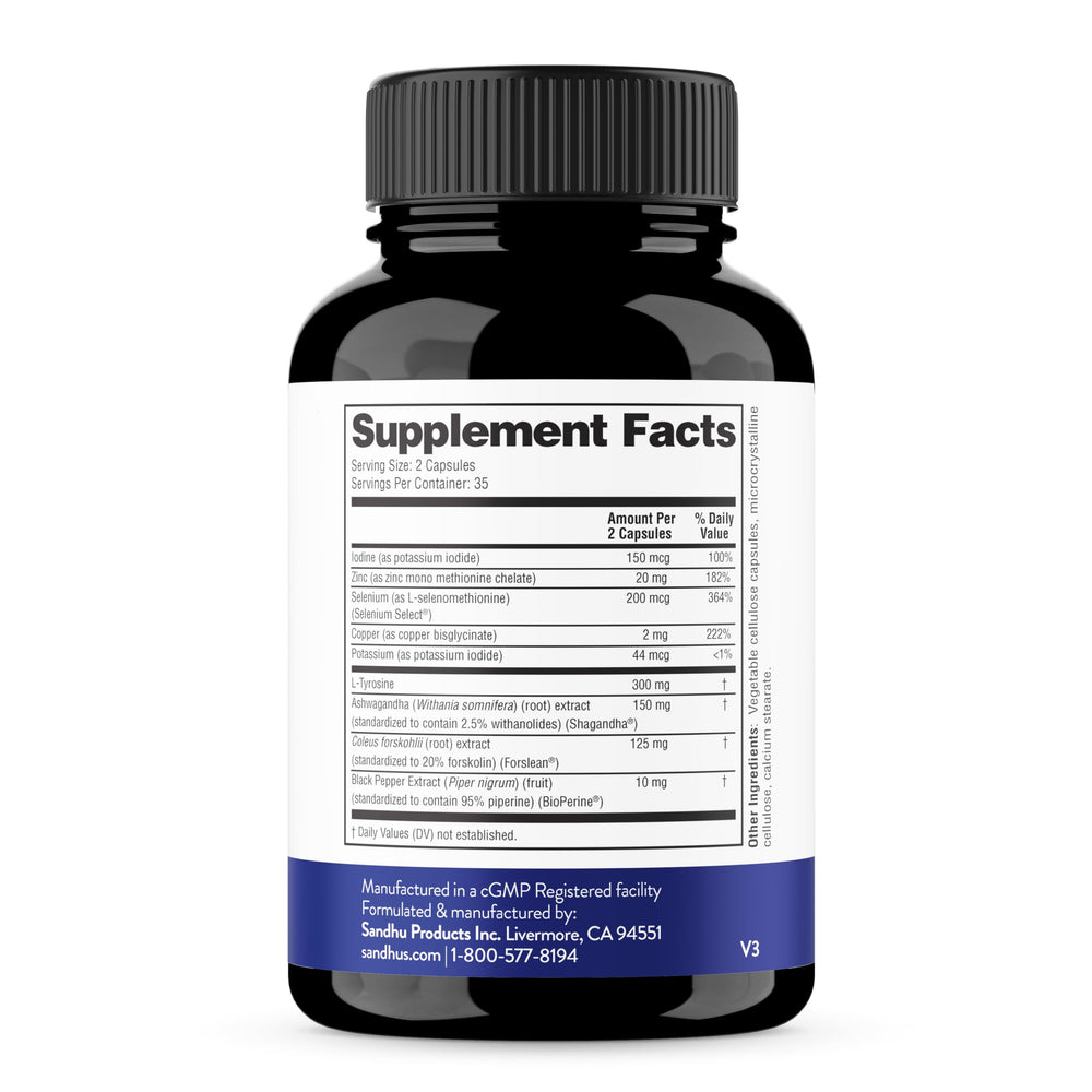 Sandhu's Thyroid Support capsules in hand for convenient on-the-go use