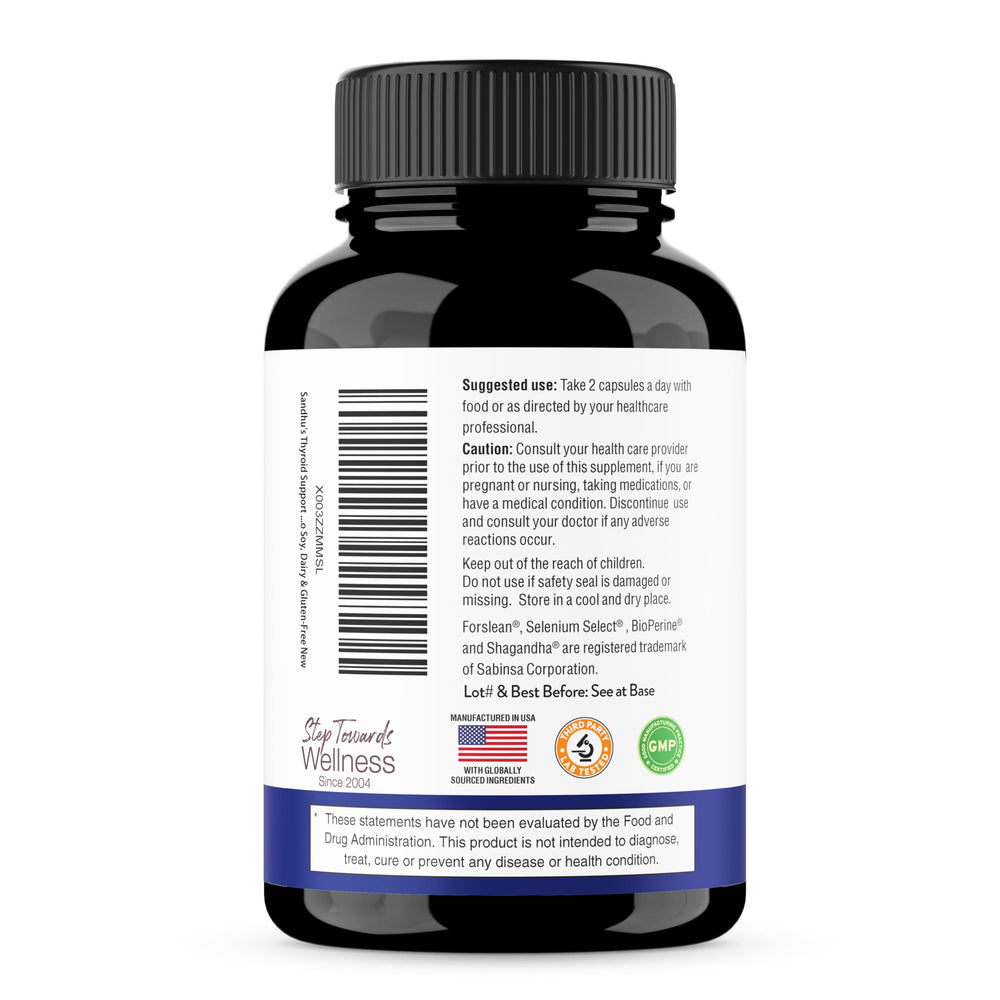 Sandhu's Thyroid Support packaging signals USA manufacturing assurances