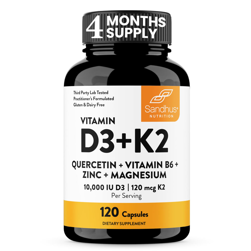 Sandhu's Vitamin D3 K2 Magnesium bottle front showing 10000 IU and 120 capsules.