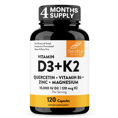 Sandhu's Vitamin D3 K2 Magnesium bottle front showing 10000 IU and 120 capsules.