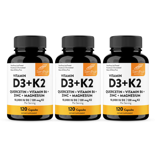 Sandhu's D3 K2 Magnesium capsules bottle front supporting calcium absorption and daily vitality
