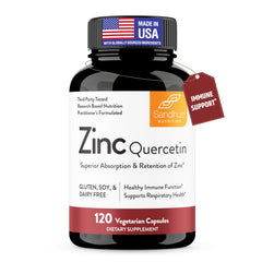 Sandhu's Zinc Quercetin bottle with capsules for daily immune support.
