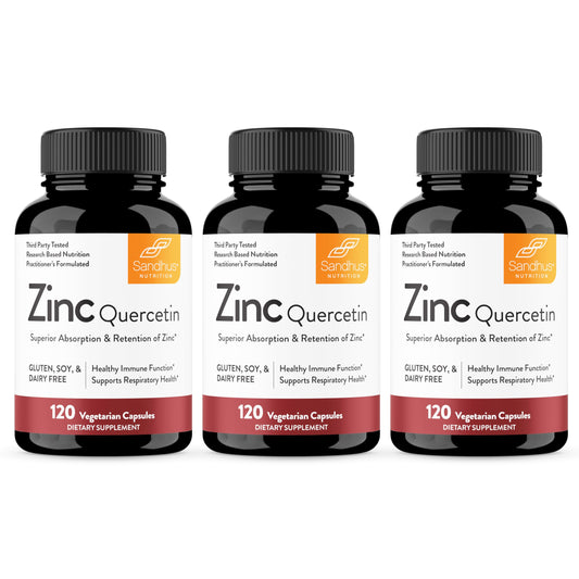 Sandhu's Zinc Quercetin bottle front shows easy daily immune support.