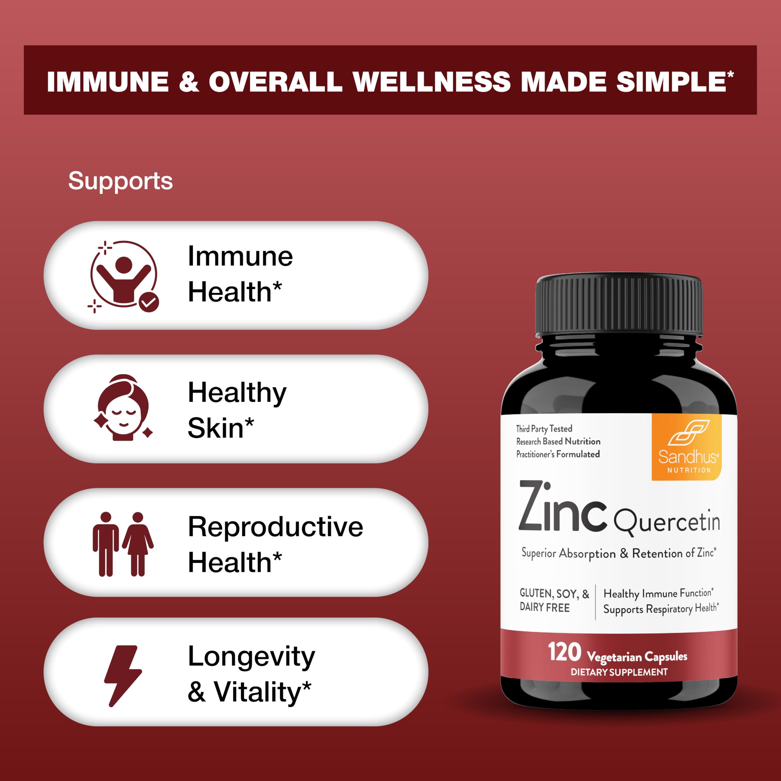 Vegetarian-friendly icon for Sandhu's Zinc Quercetin confirms allergen-free attributes.