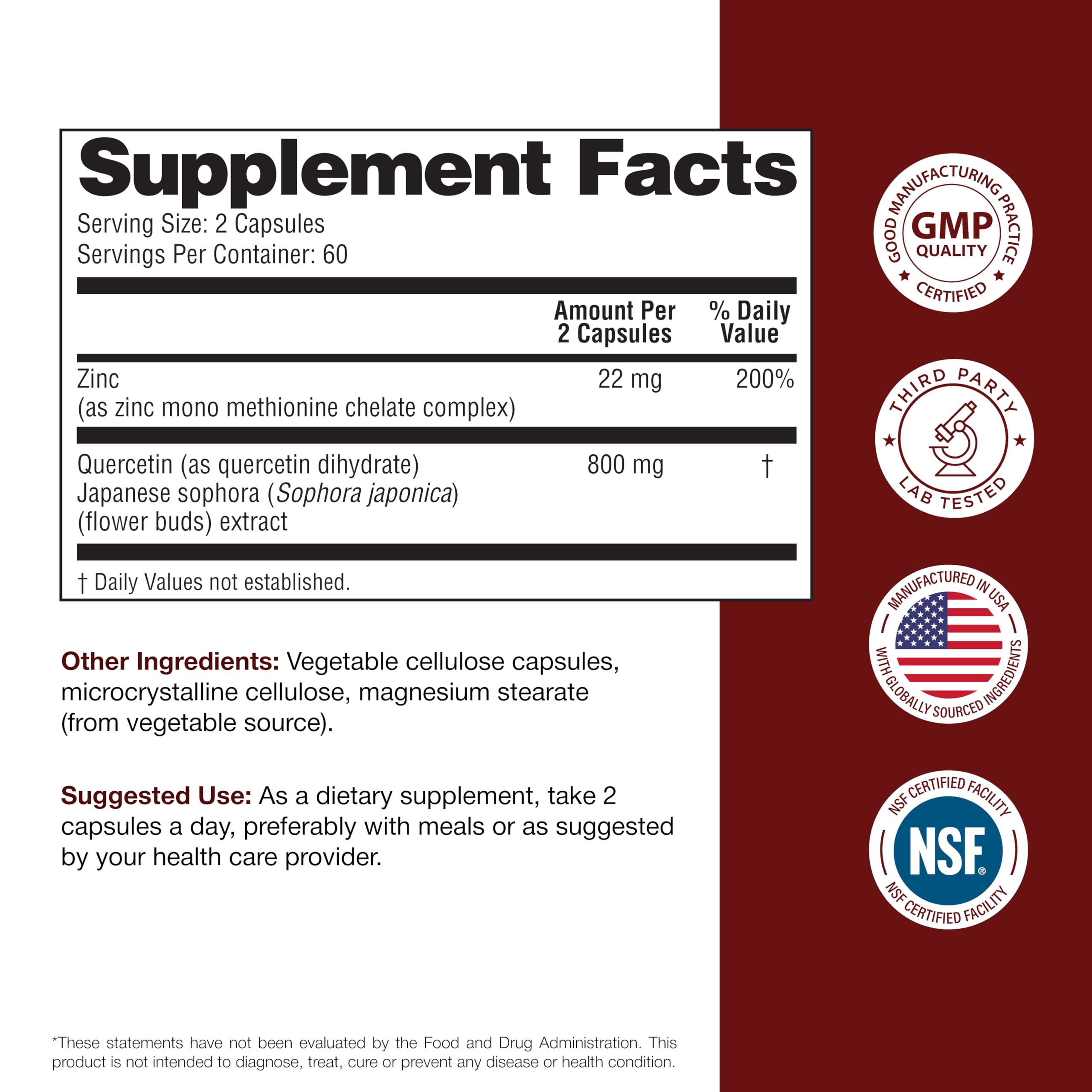 Sandhu's Zinc Quercetin label with vegetarian-friendly symbol.