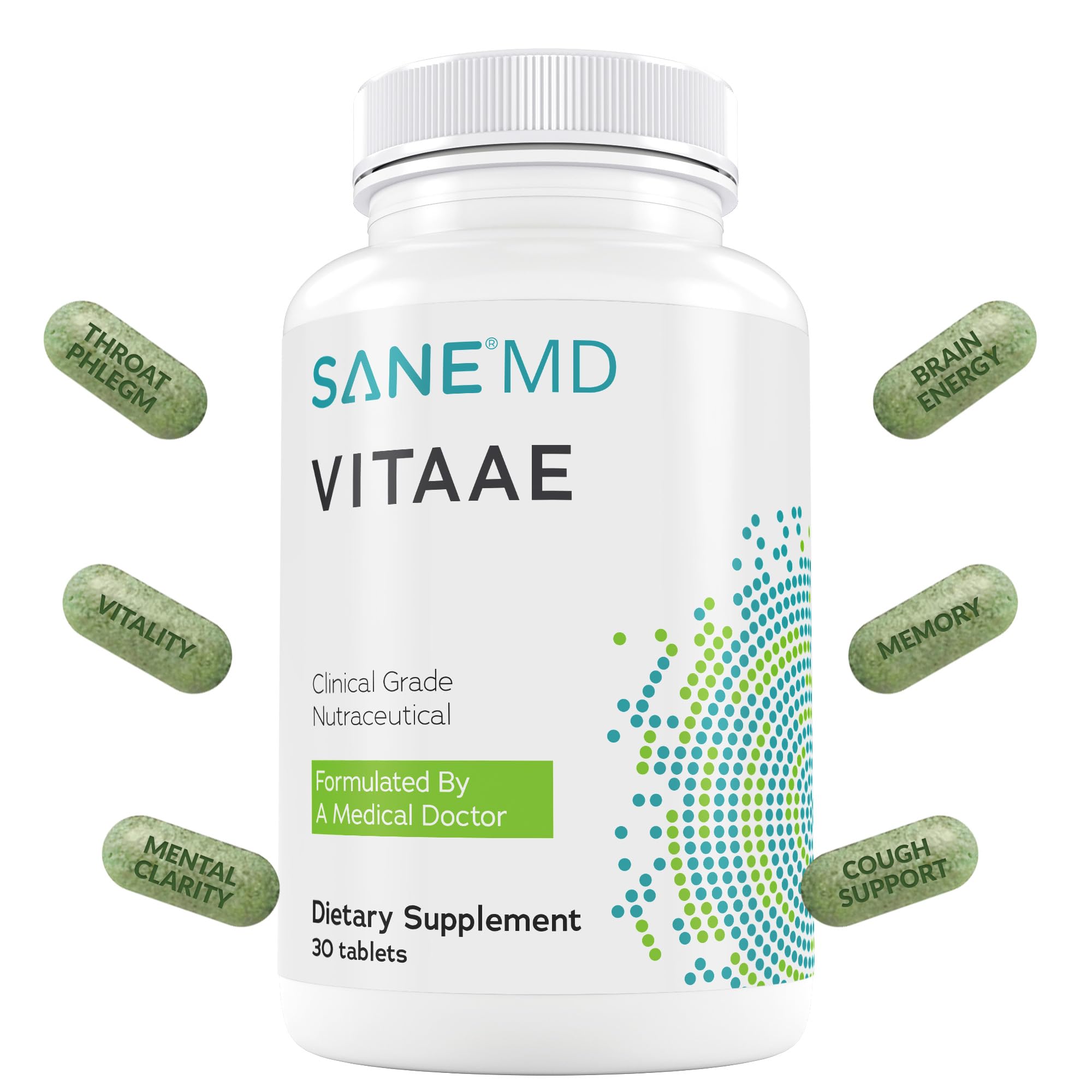 SANE Vitaae bottle with capsules designed for throat comfort and brain energy