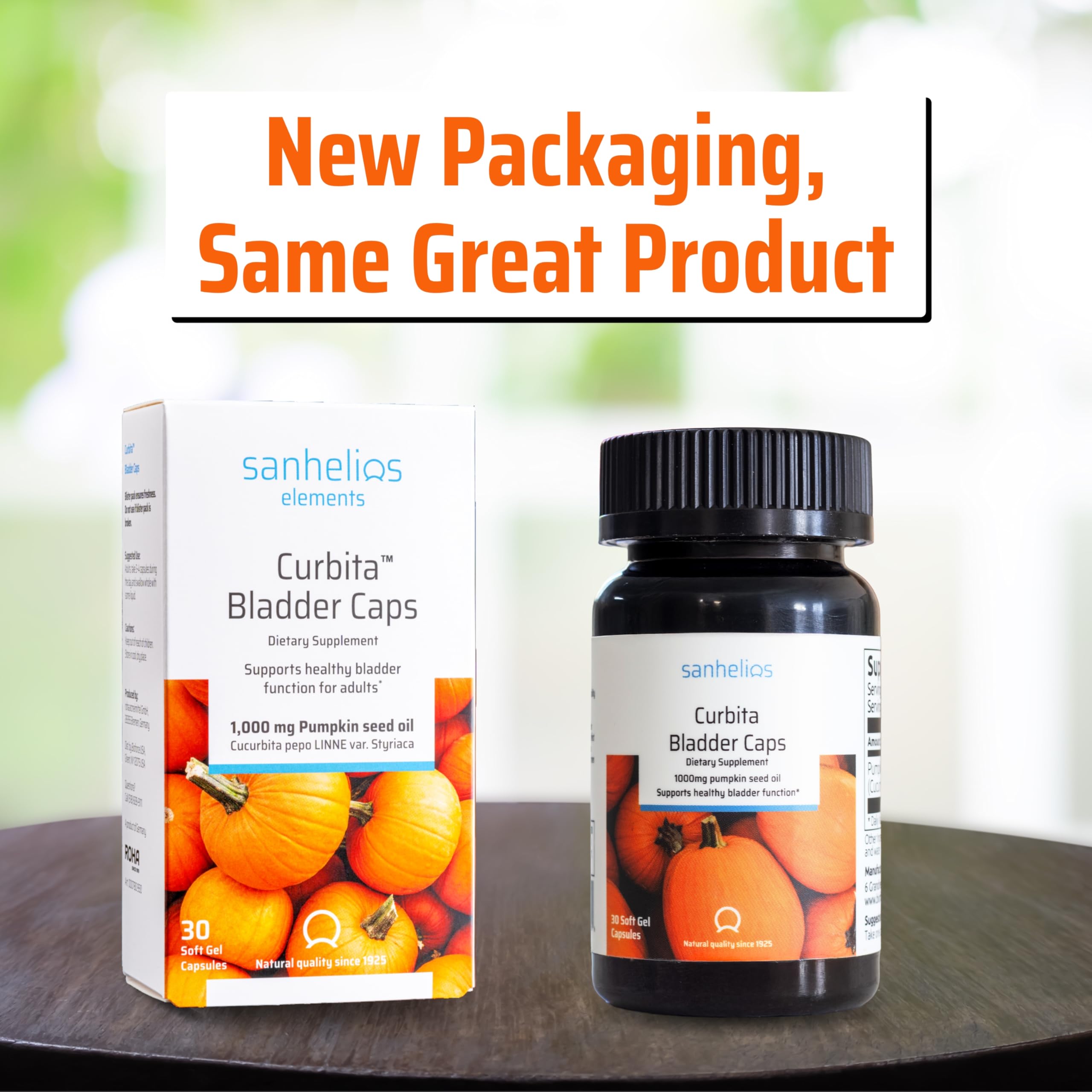 Sanhelios Curbita softgel capsules highlight 1000 mg pumpkin seed oil for bladder support.