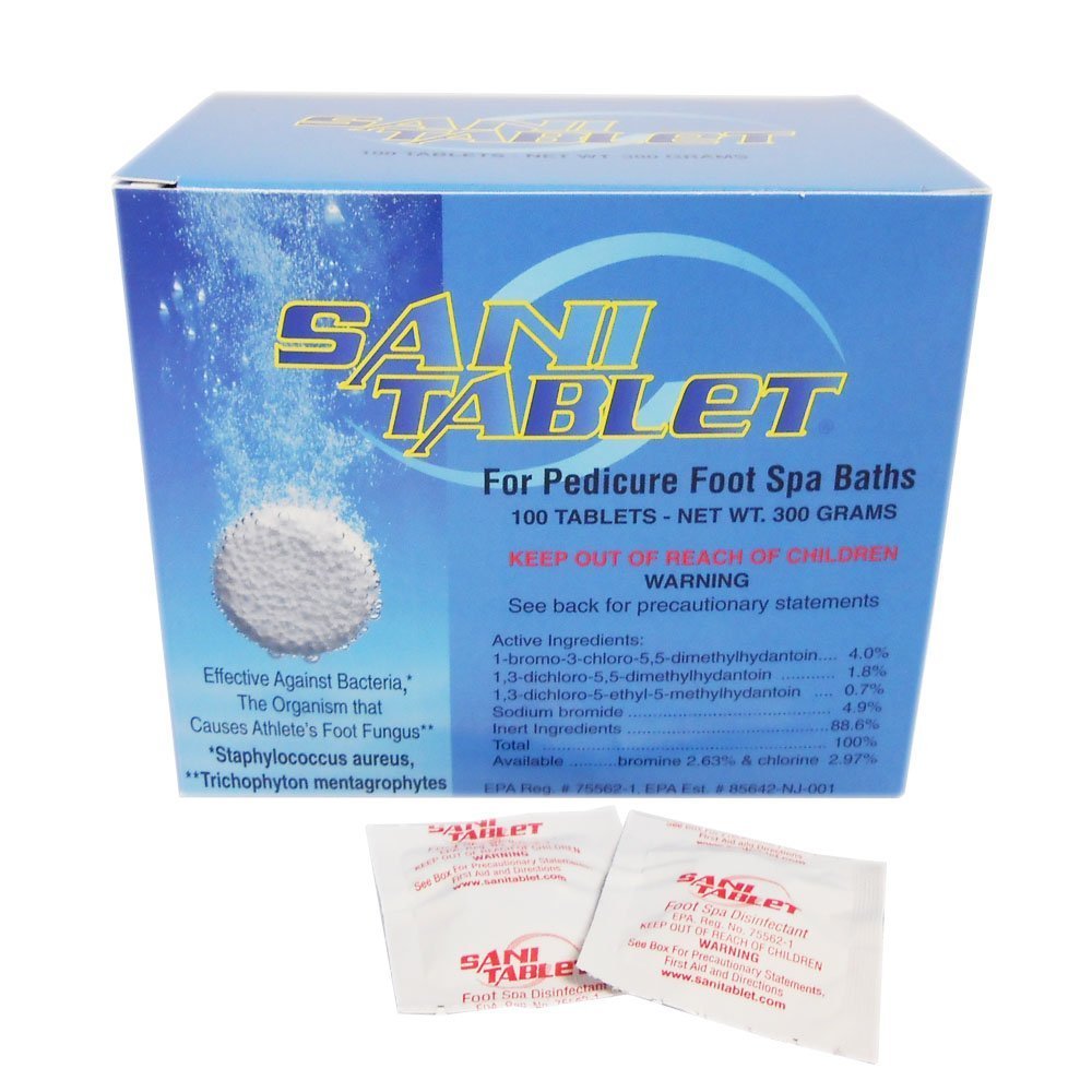 Sani-Tablet packaging with 100 tablets supports hygienic spa foot baths.