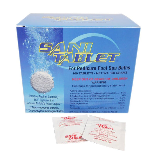 Sani-Tablet packaging with 100 tablets supports hygienic spa foot baths.