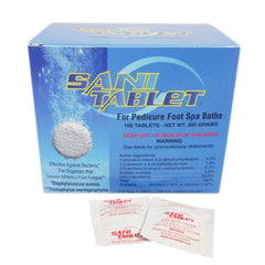 Sani-Tablet packaging with 100 tablets supports hygienic spa foot baths.