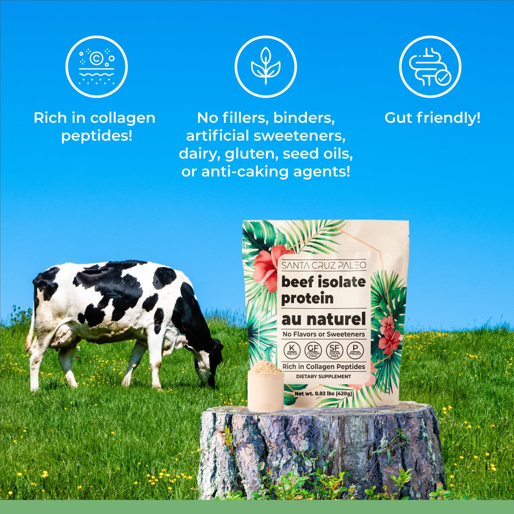 Santa Cruz Paleo beef isolate label highlights dairy-free gluten-free ingredients