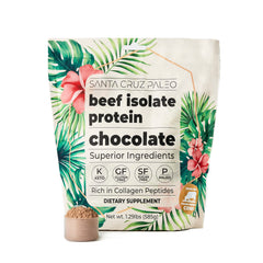 Santa Cruz Paleo Beef Isolate Chocolate coffee mix in mug for keto breakfast