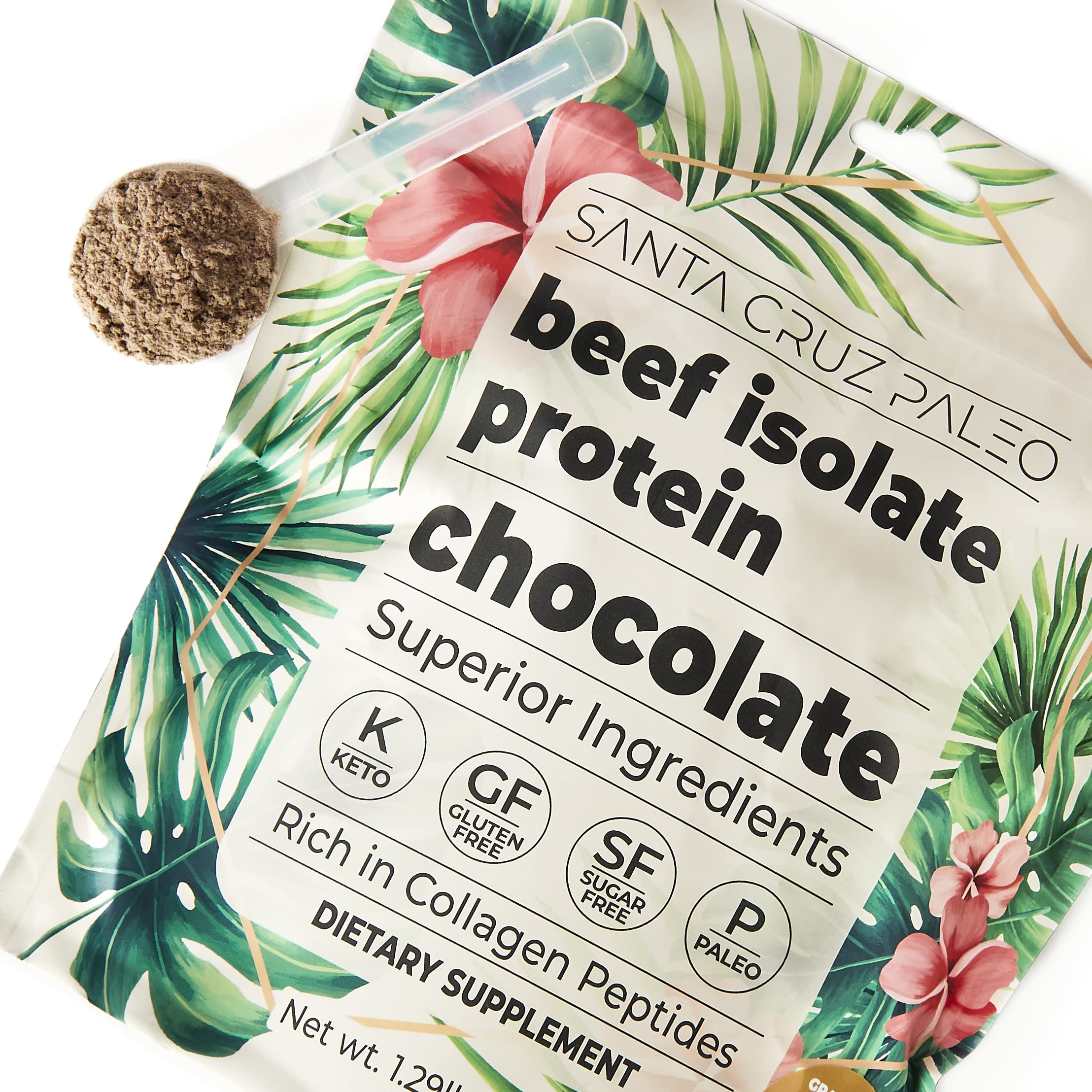 Santa Cruz Paleo Beef Isolate Chocolate label closeup highlighting gluten-free keto paleo