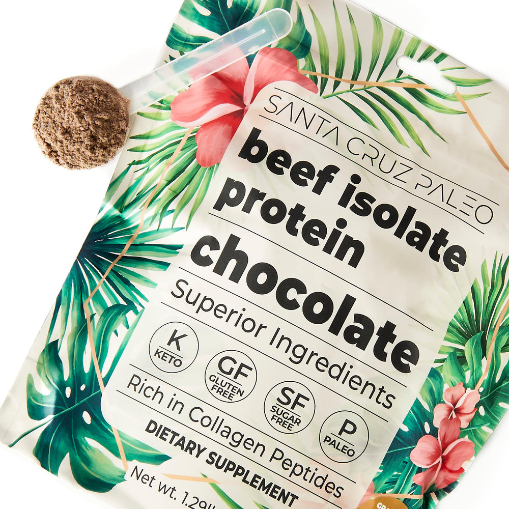 Santa Cruz Paleo Beef Isolate Chocolate label closeup highlighting gluten-free keto paleo