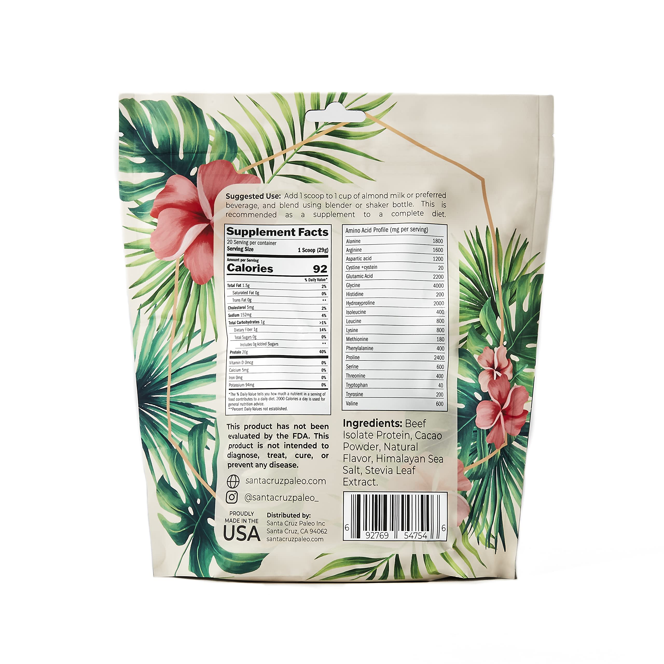 Santa Cruz Paleo Beef Isolate Chocolate tub back view showing nutrition panel