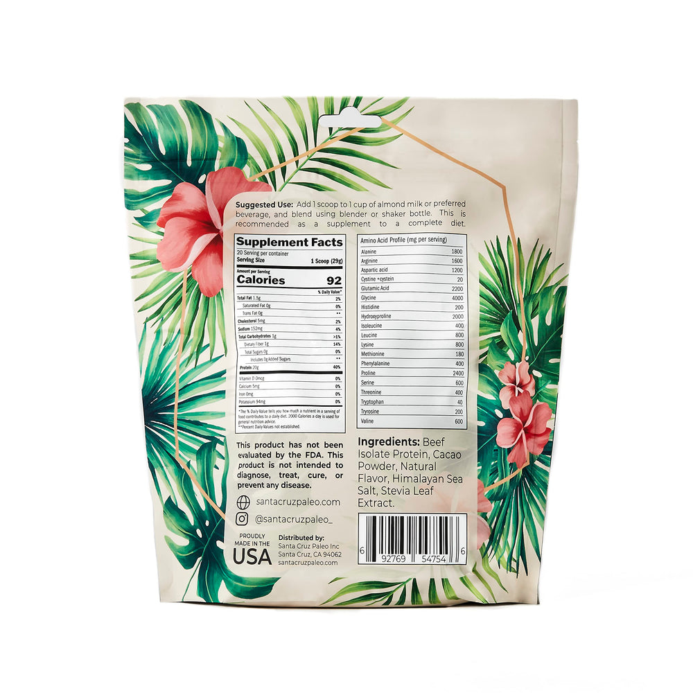 Santa Cruz Paleo Beef Isolate Chocolate tub back view showing nutrition panel