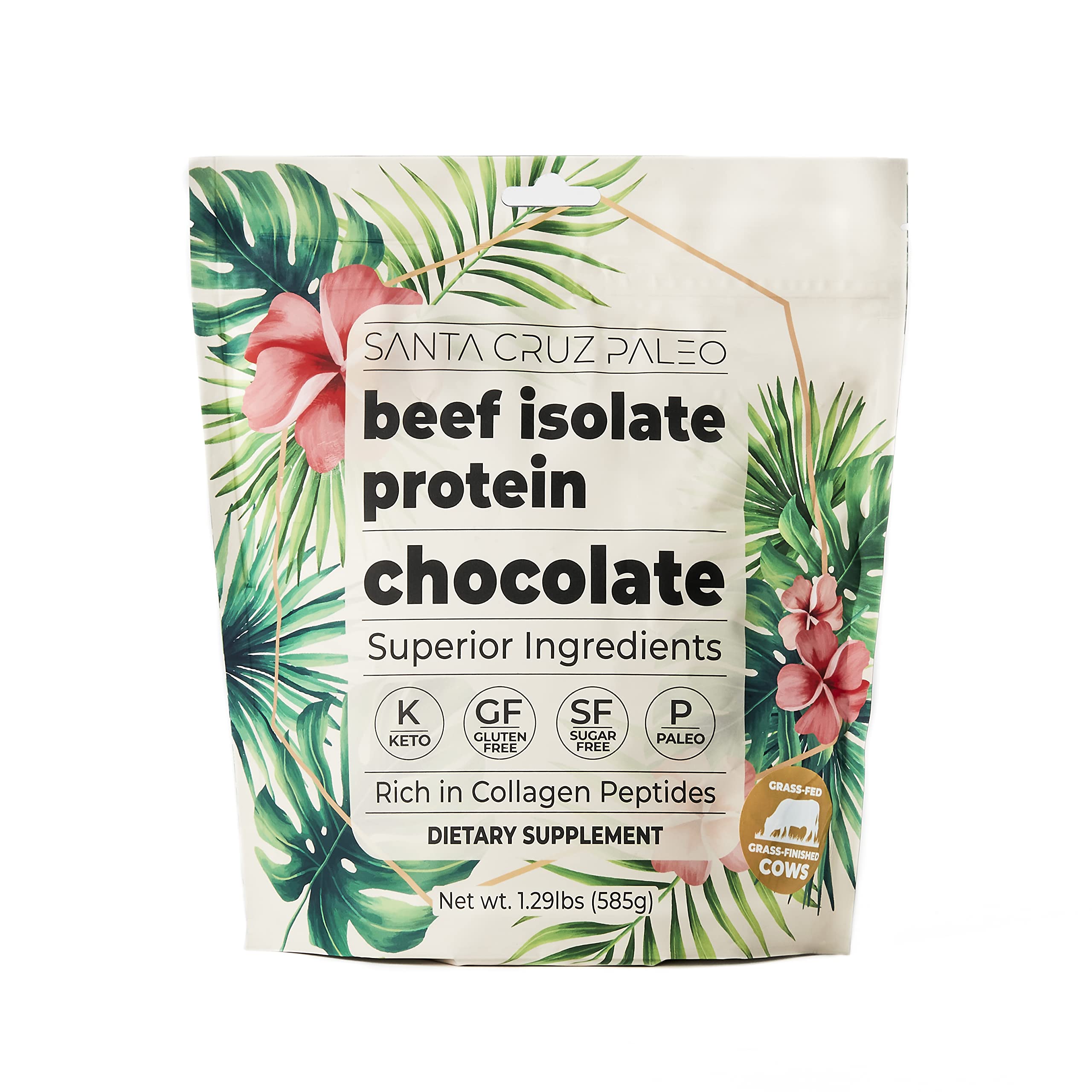 Santa Cruz Paleo Beef Isolate Chocolate tub front view highlighting high-protein powder