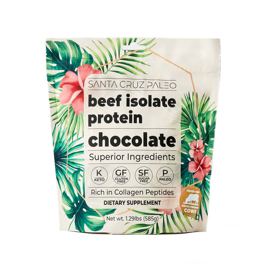 Santa Cruz Paleo Beef Isolate Chocolate tub front view highlighting high-protein powder