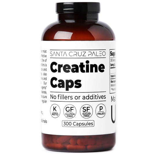 Santa Cruz Paleo Creatine Capsules label front showing pure creatine for muscle energy