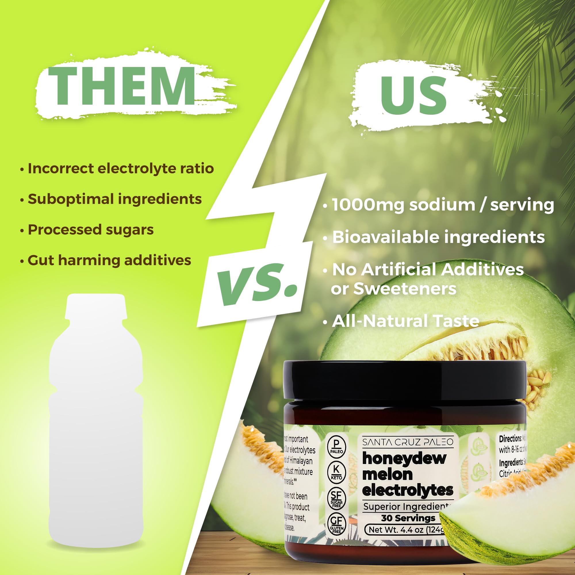 Dissolving Santa Cruz Paleo Honeydew Melon electrolyte in water for refreshed hydration.