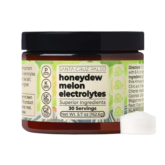 Santa Cruz Paleo Electrolyte Powder Honeydew Melon tub for daily hydration.