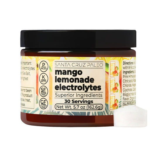 Santa Cruz Paleo Electrolyte Mango Lemonade bottle close-up highlighting vibrant flavor for refreshing hydration.