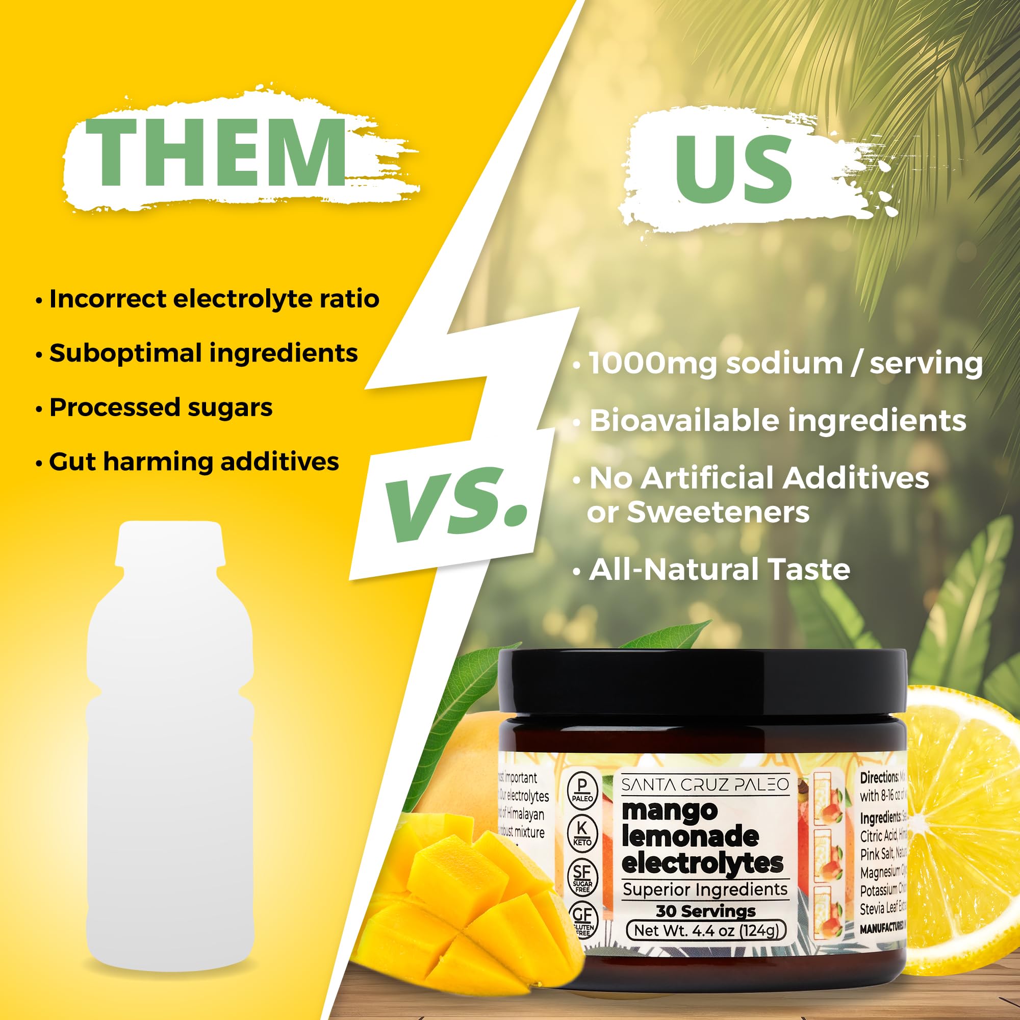 Santa Cruz Paleo Mango Lemonade mixed in water glass, a sugar-free flavor option.