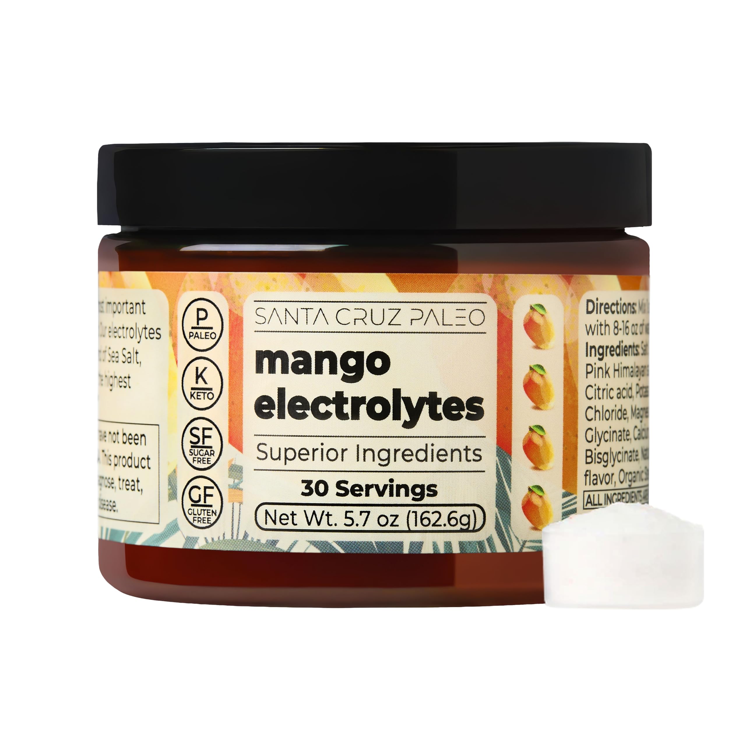 Santa Cruz Paleo Electrolyte Mango powder bottle for sugar-free hydration.