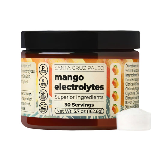 Santa Cruz Paleo Electrolyte Mango powder bottle for sugar-free hydration.