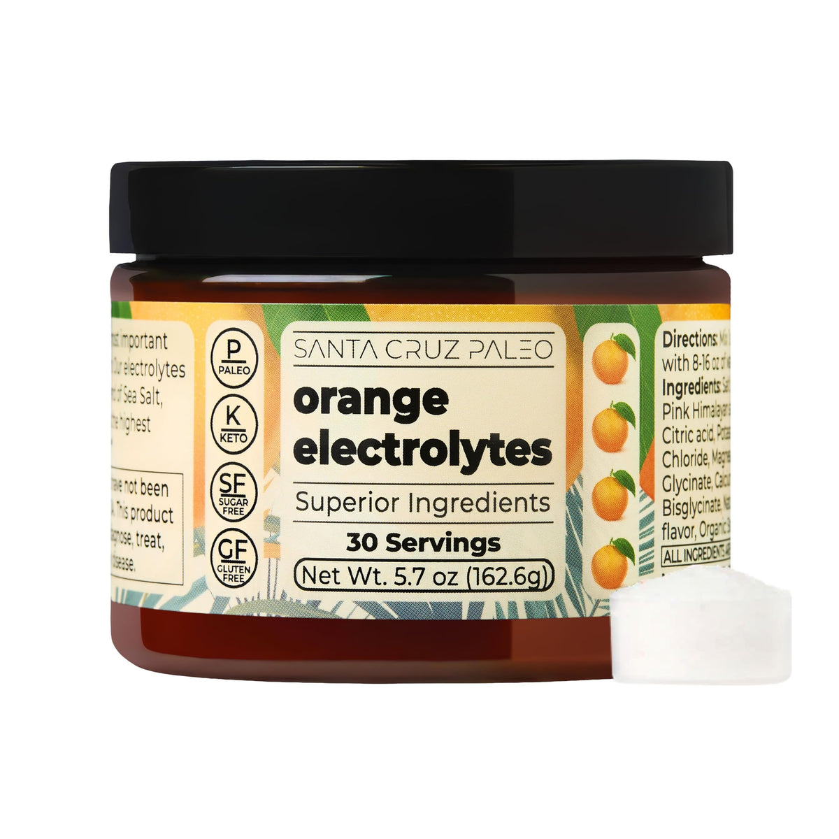 Santa Cruz Paleo Electrolyte orange tub highlighting mineral blend for daily hydration