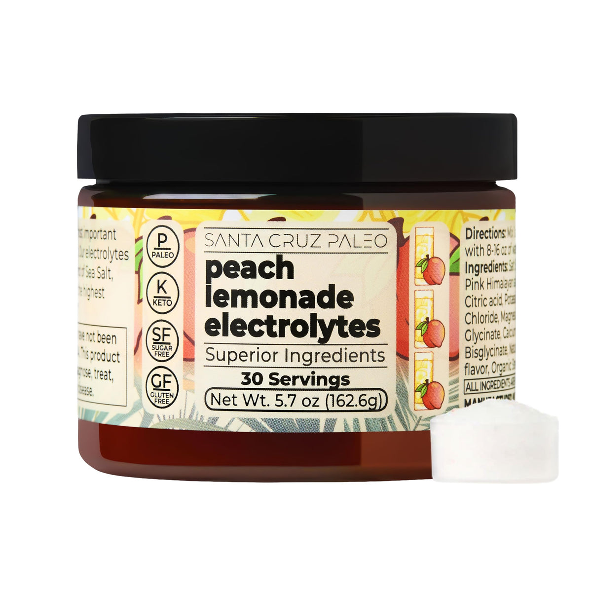 Santa Cruz Paleo electrolyte powder peach lemonade tub for refreshing hydration.