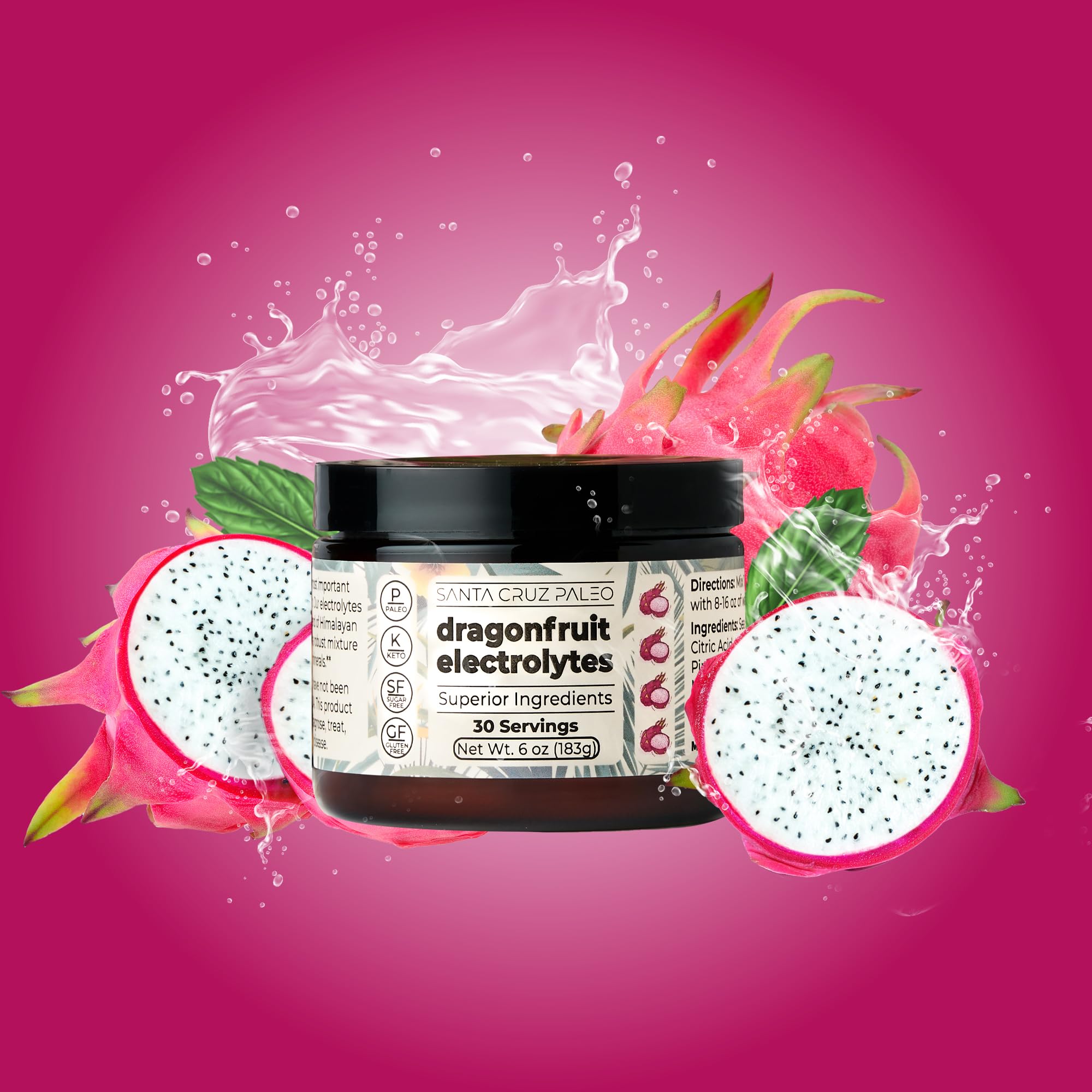 Santa Cruz Paleo Dragon Fruit electrolyte powder tub close-up for refreshing hydration