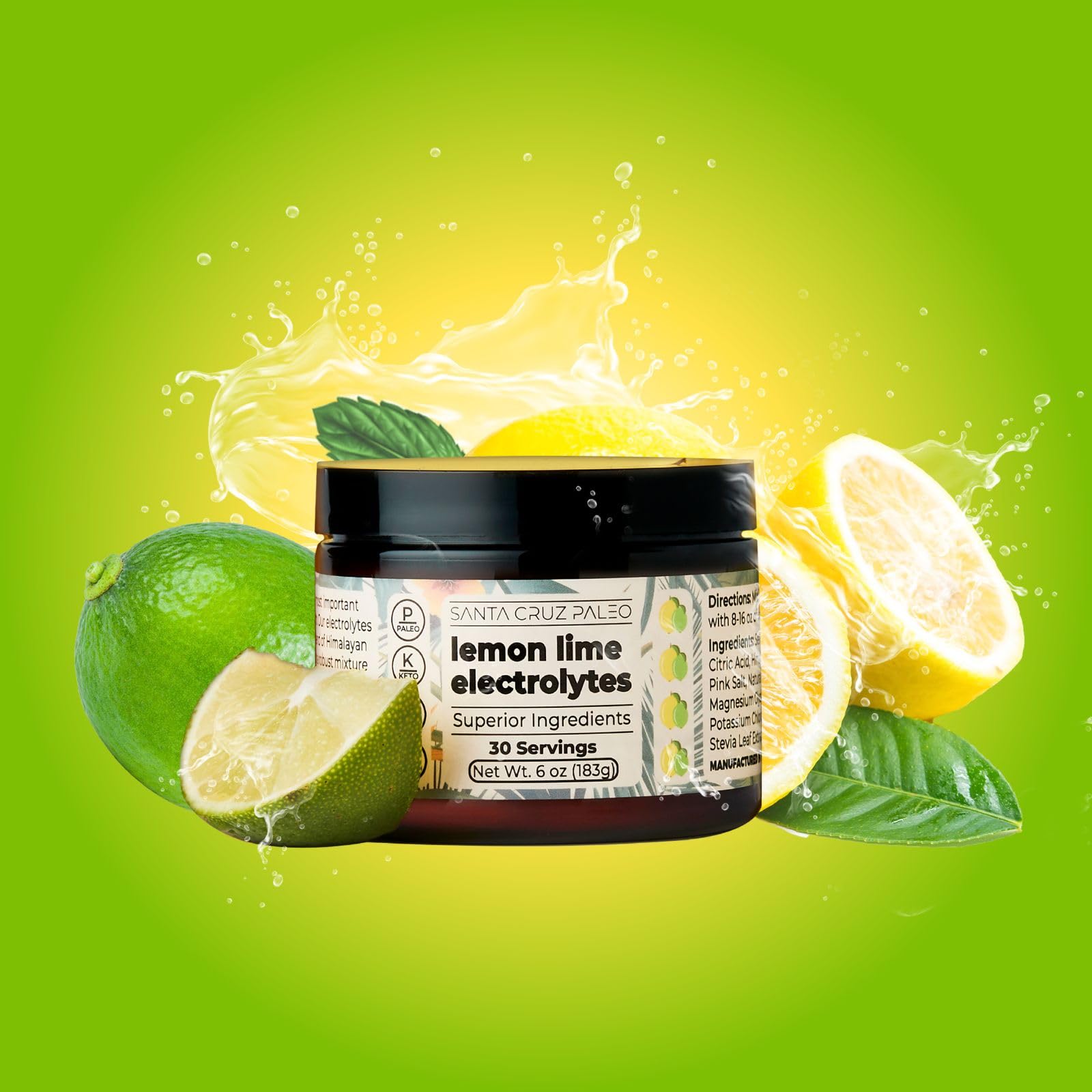 Pouring Santa Cruz Paleo Lemon Lime electrolyte powder into water for refreshing hydration