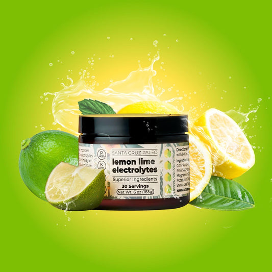 Pouring Santa Cruz Paleo Lemon Lime electrolyte powder into water for refreshing hydration
