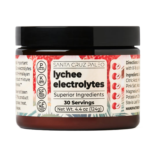 Santa Cruz Paleo Lychee electrolyte powder tub front for convenient daily hydration