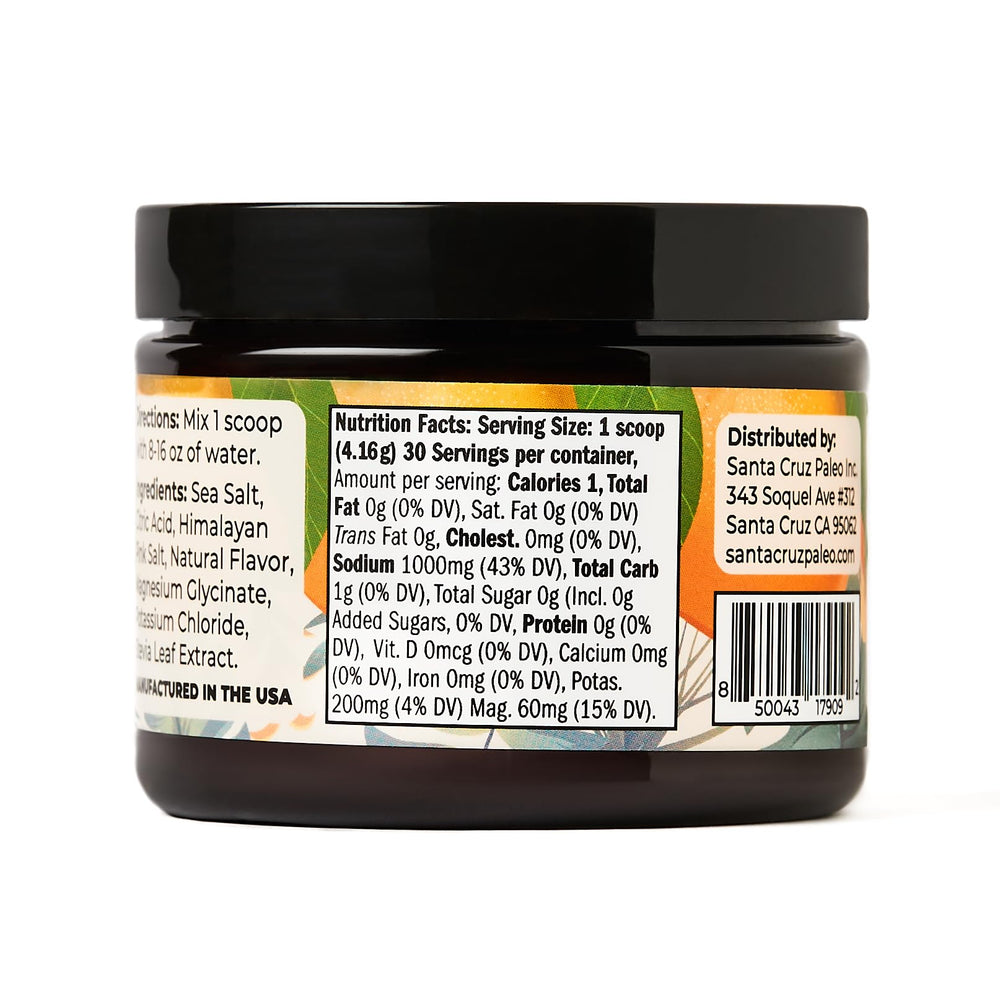 Santa Cruz Paleo orange flavor label shows zero sugar and no artificial sweeteners