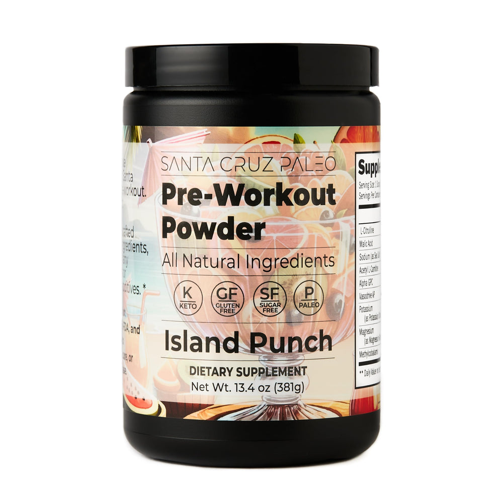 Santa Cruz Paleo Island Punch powder tub showing clean energy for workouts.