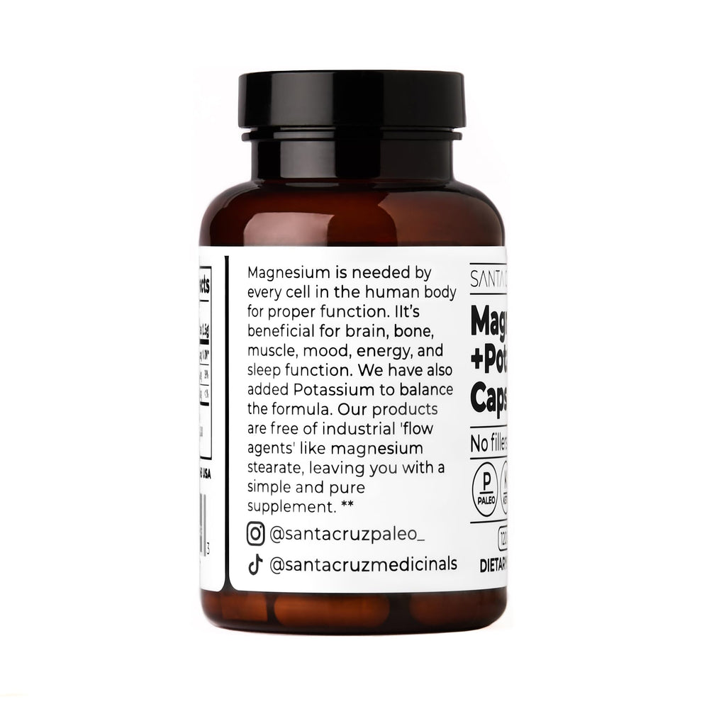 Santa Cruz Paleo capsules close-up showing magnesium glycinate content and gentle digestion.