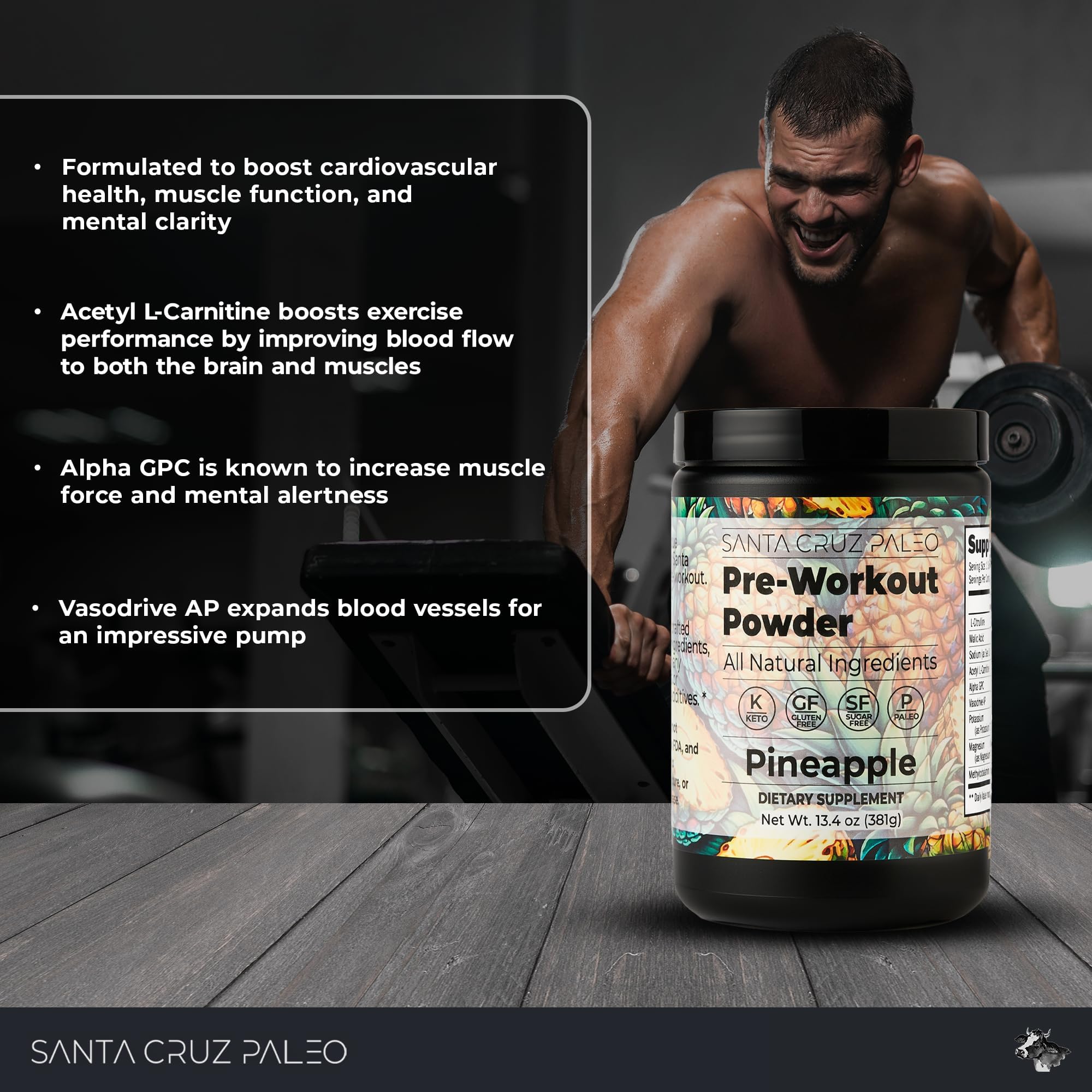 Santa Cruz Paleo pre-workout powder scoop showing caffeine potency for focused workouts