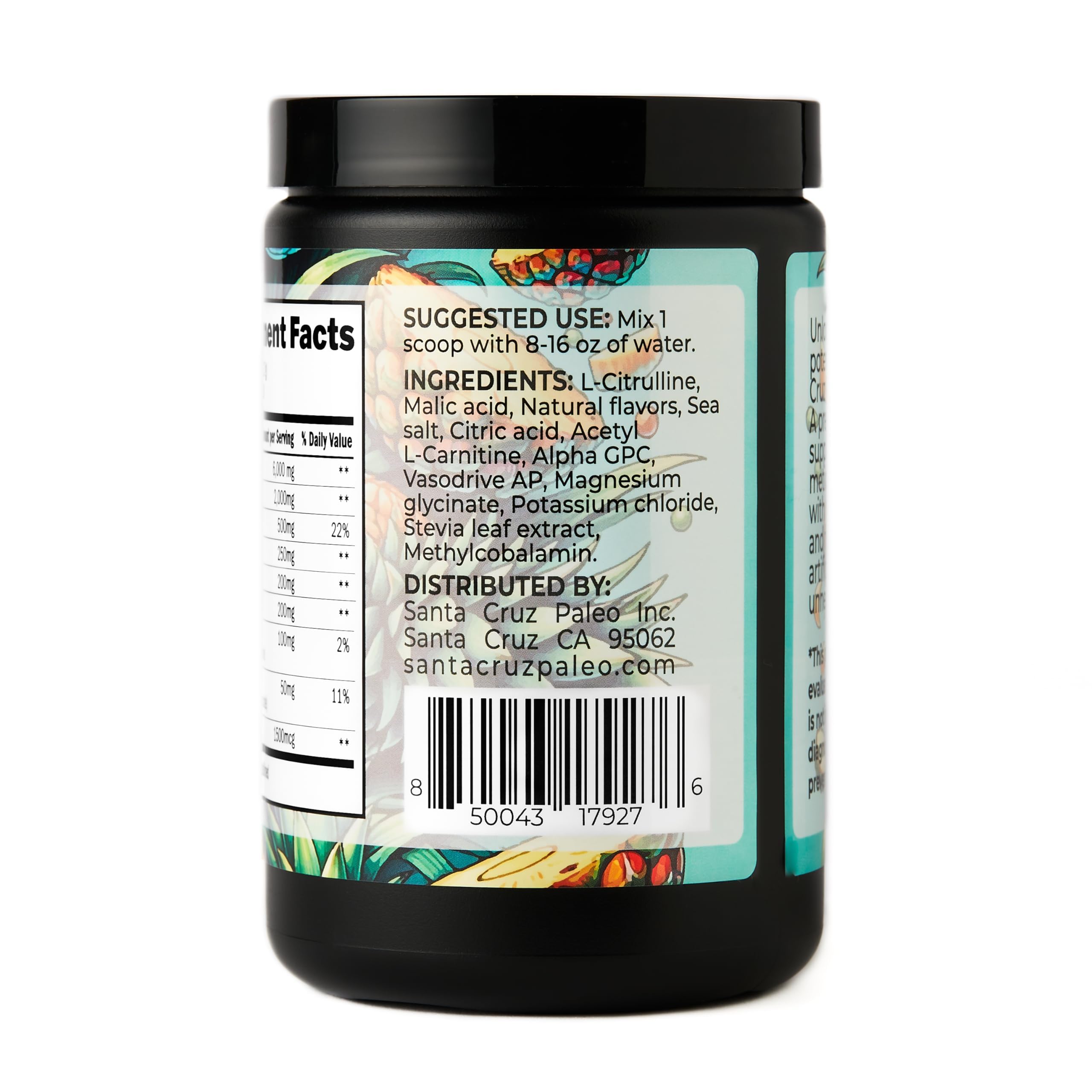 Santa Cruz Paleo pre-workout powder close-up shows no sugar or artificial flavors