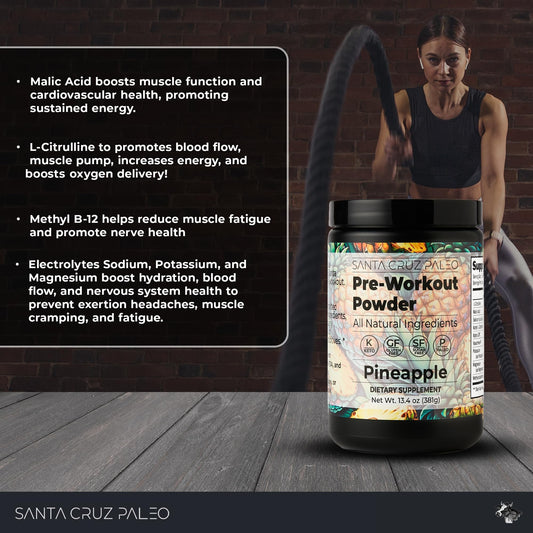 Santa Cruz Paleo pre workout powder scoop ready for mixing into water.