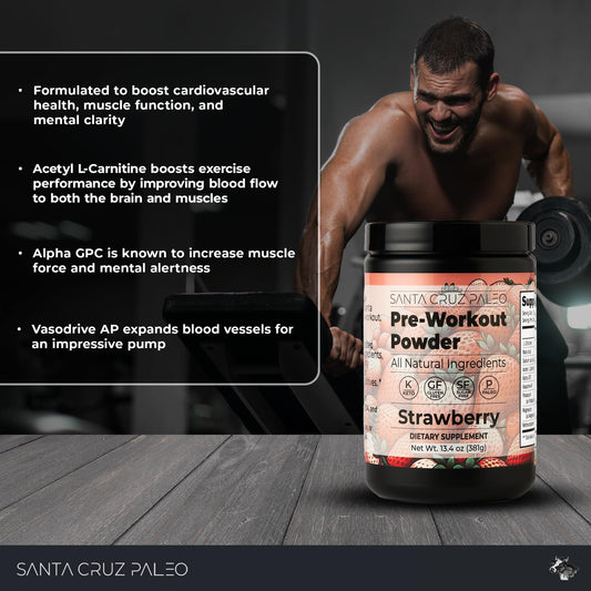 Santa Cruz Paleo pre-workout strawberry dissolved in water, highlighting smooth mixability.