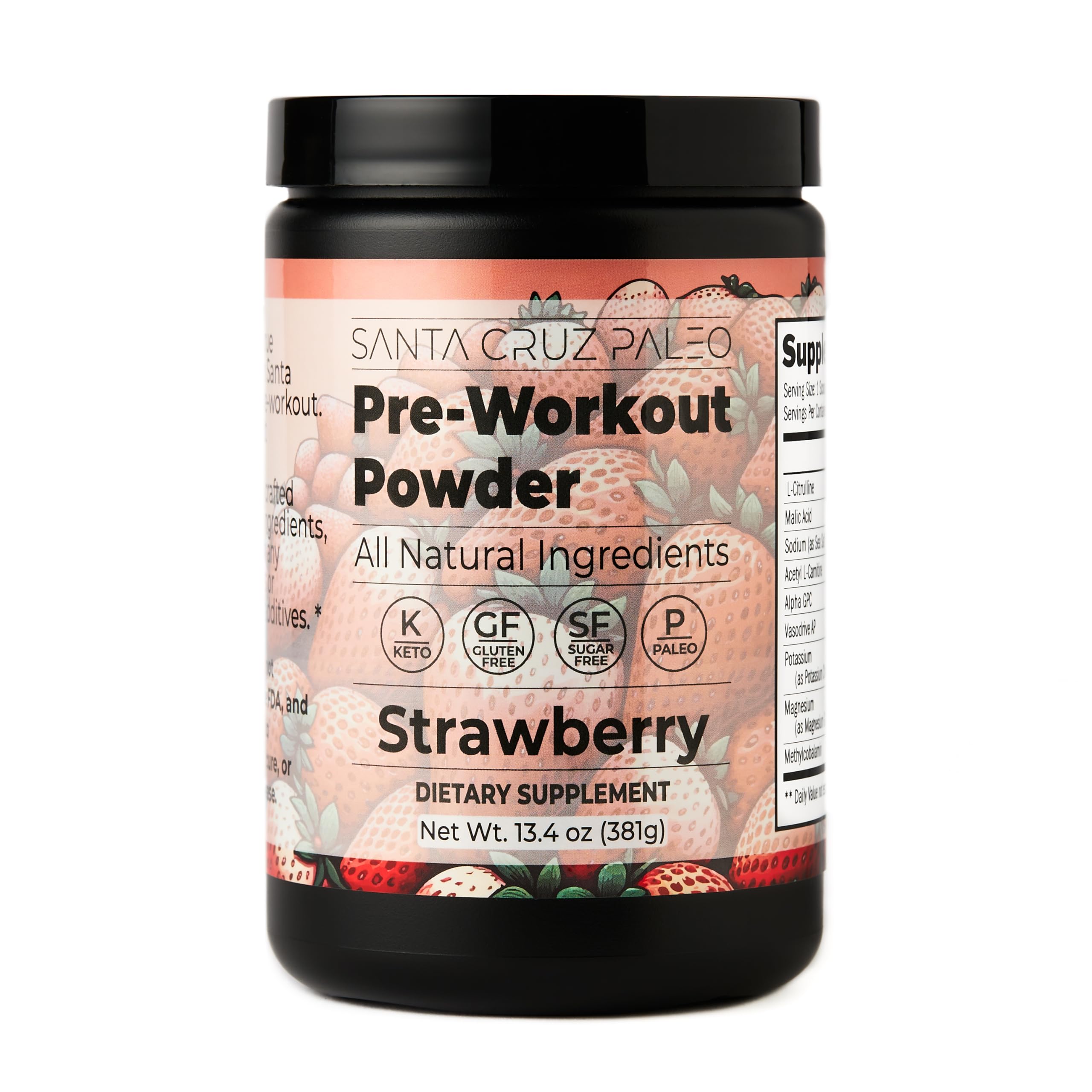 Santa Cruz Paleo pre-workout strawberry powder tub showing clean ingredients for a quick energy boost.