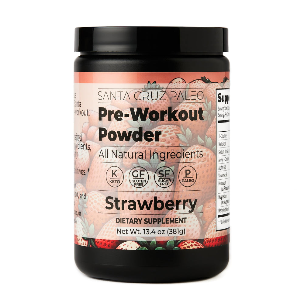 Santa Cruz Paleo pre-workout strawberry powder tub showing clean ingredients for a quick energy boost.