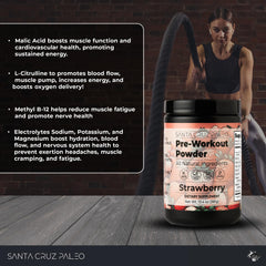 Santa Cruz Paleo pre-workout strawberry shaker with ready drink, suggesting on-the-go energy.