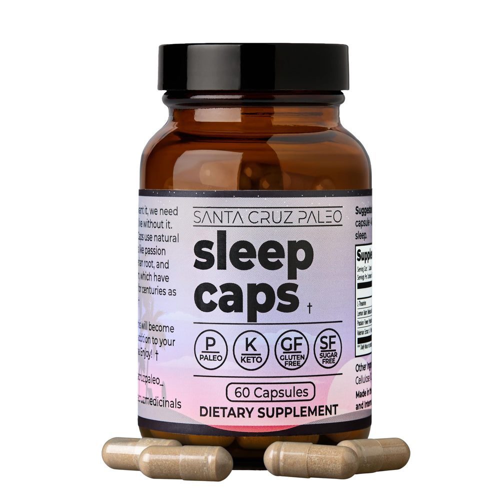 Santa Cruz Paleo Sleep Caps bottle highlighting melatonin-free bedtime relaxation.